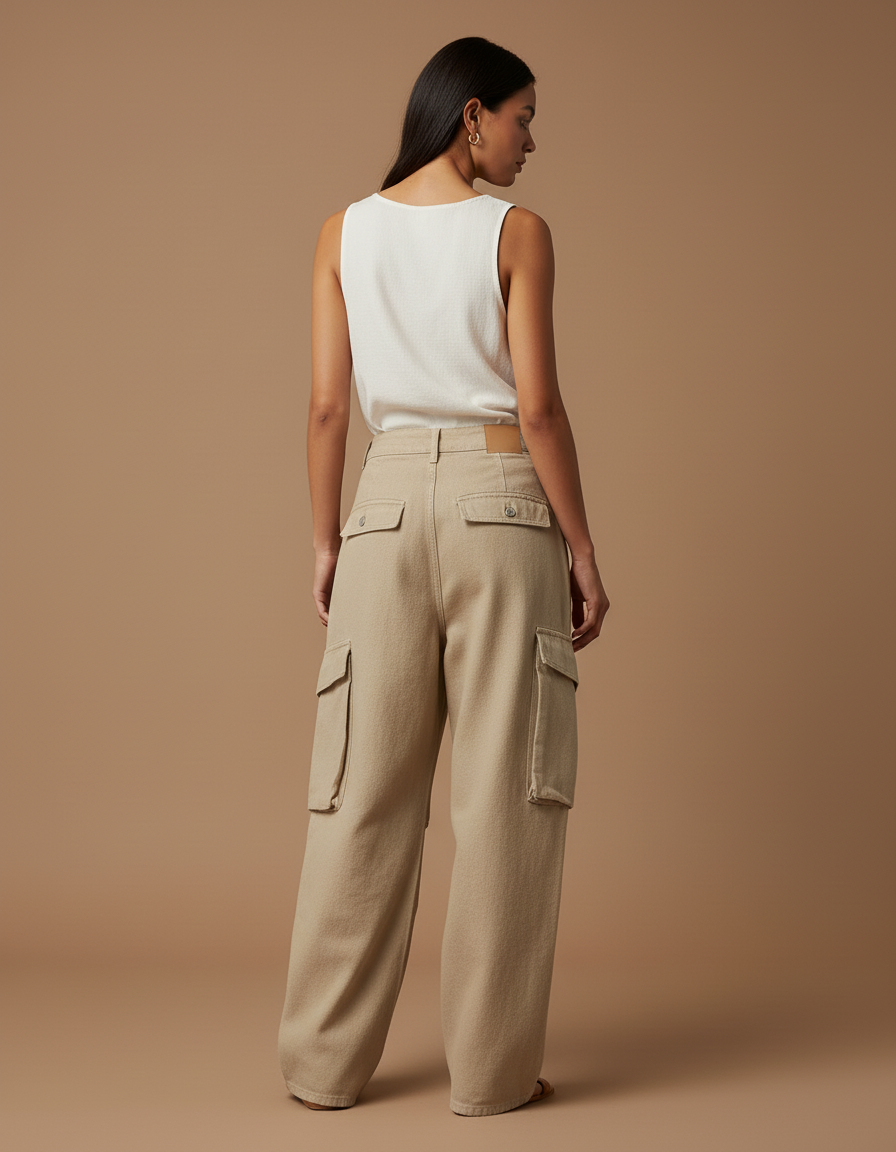 Pantalon Baggy Beige Cargo Ample Coton Oversize - vue 2