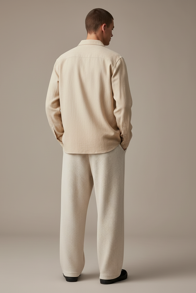 Pantalon Baggy Crème Côtelé Ample Décontracté Homme - Beige Cordé - vue 2