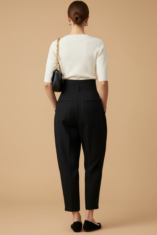 Pantalon Baggy Noir Taille Haute Plissé Décontracté Femme - Gabardine - vue 2