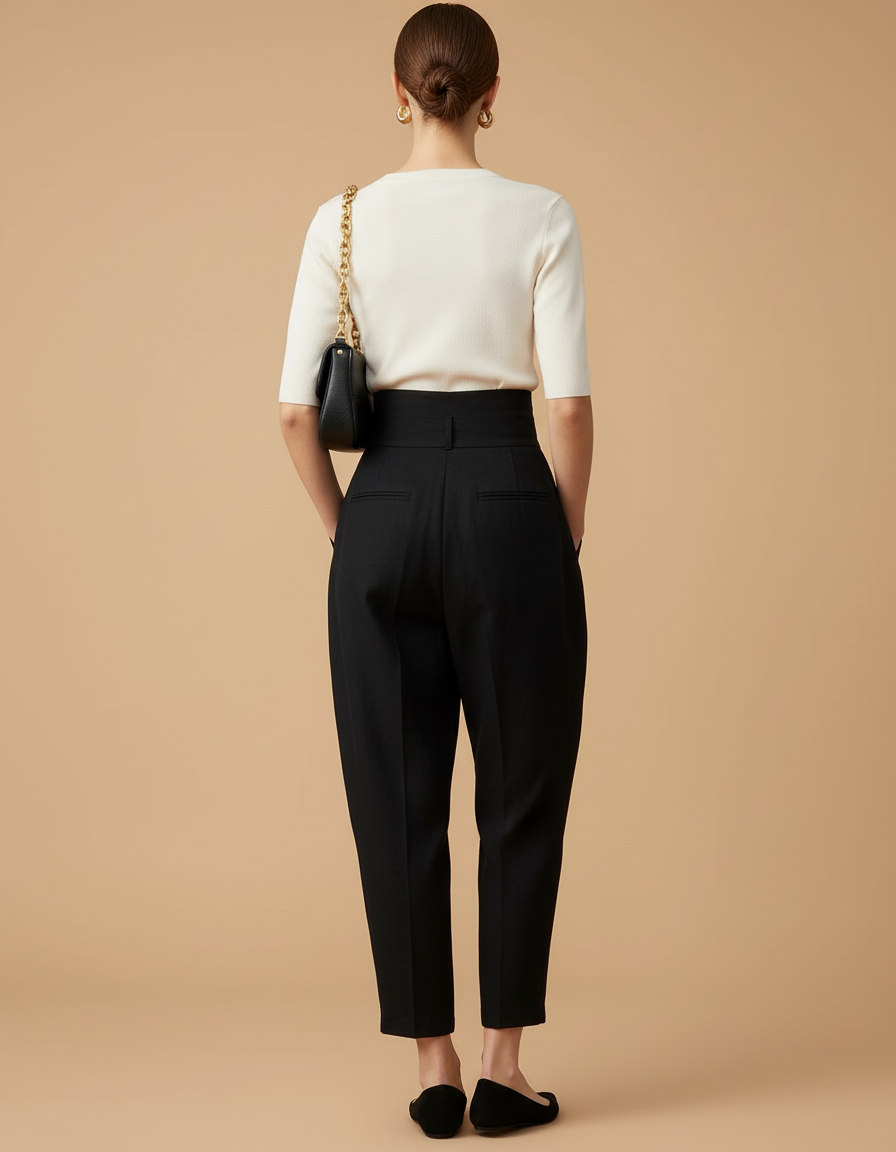 Pantalon Baggy Noir Taille Haute Plissé Décontracté Femme - Gabardine - vue 2
