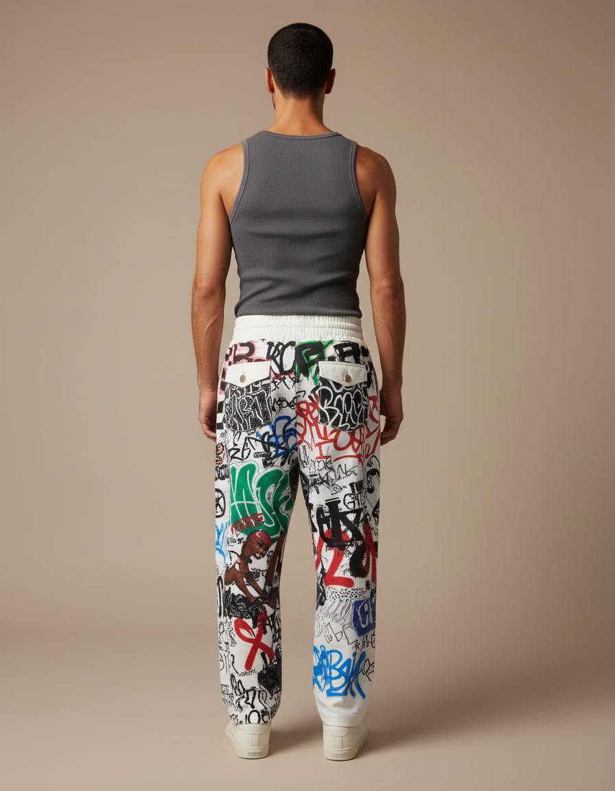 Pantalon Baggy Blanc Imprimé Graffiti Streetwear Homme - Molleton - vue 2