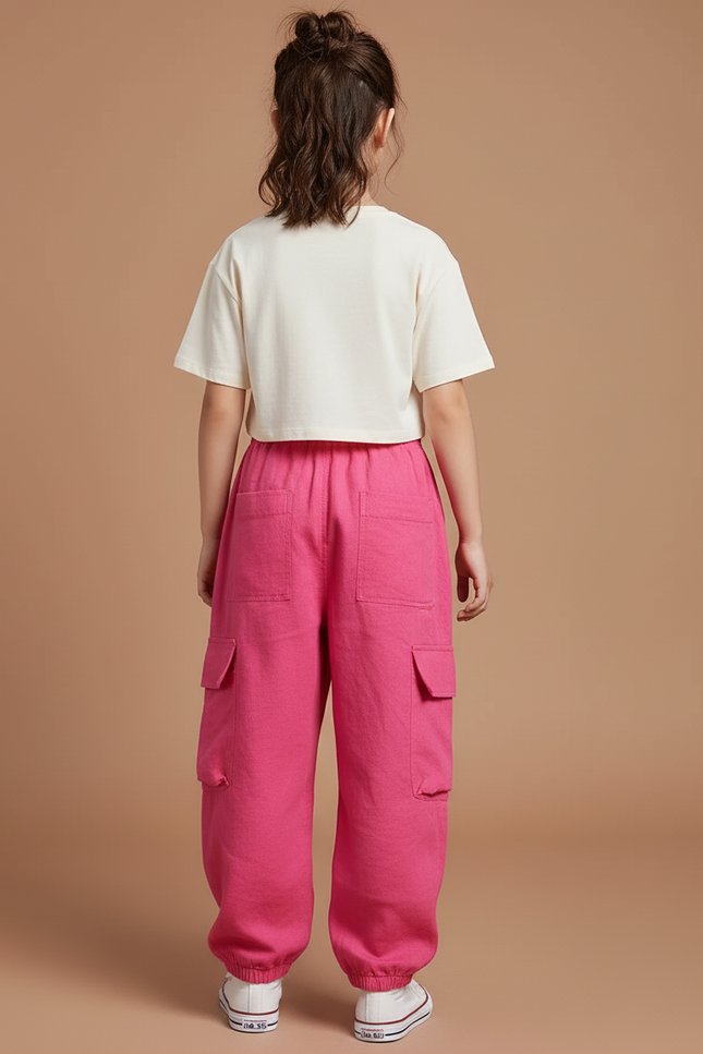 Pantalon Baggy Rose Cargo Ample Cordon Enfant - Lin - vue 2