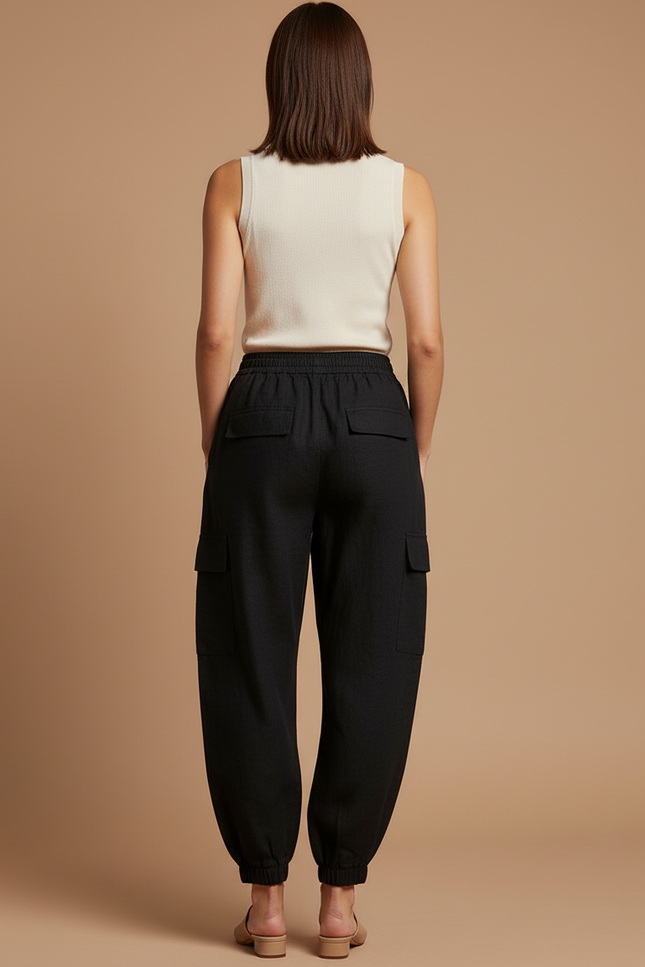 Pantalon Baggy Noir Lin Ample Cargo Cheville Élastique - vue 2