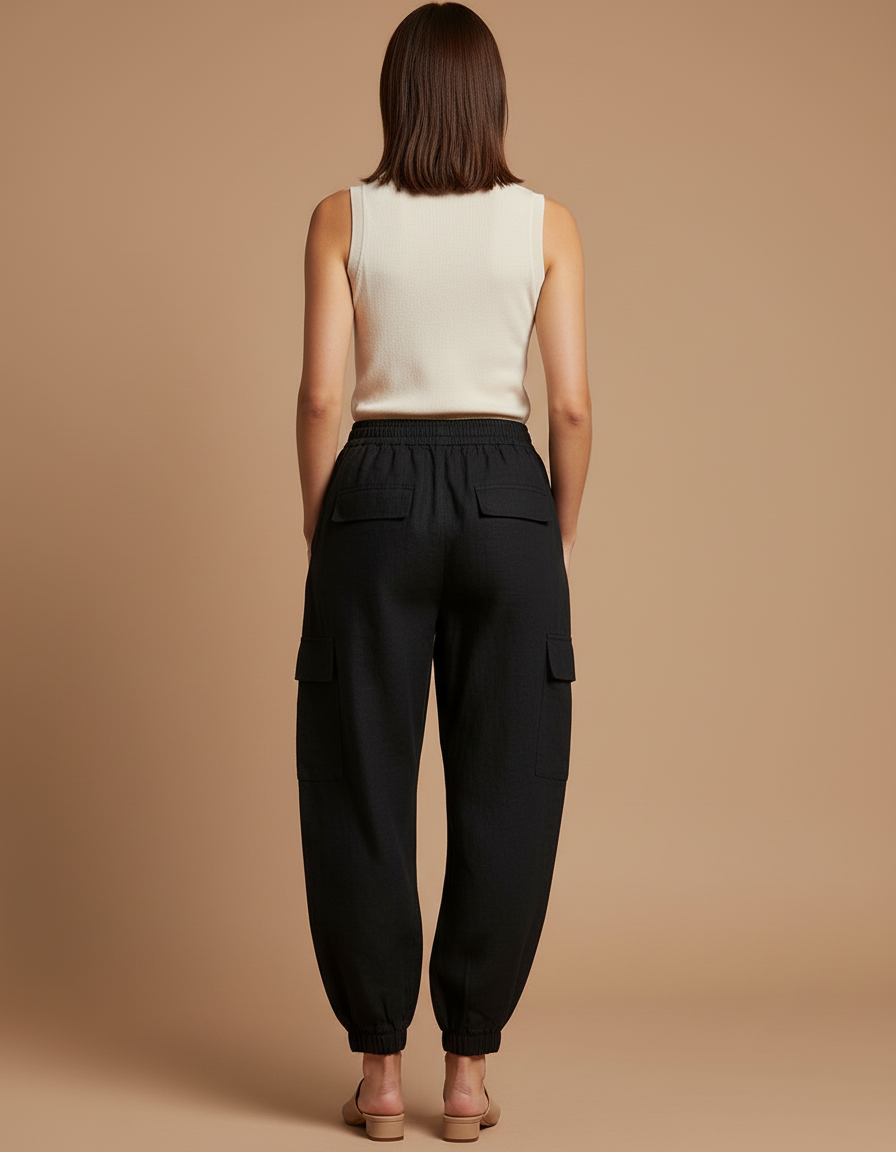 Pantalon Baggy Noir Lin Ample Cargo Cheville Élastique - vue 2