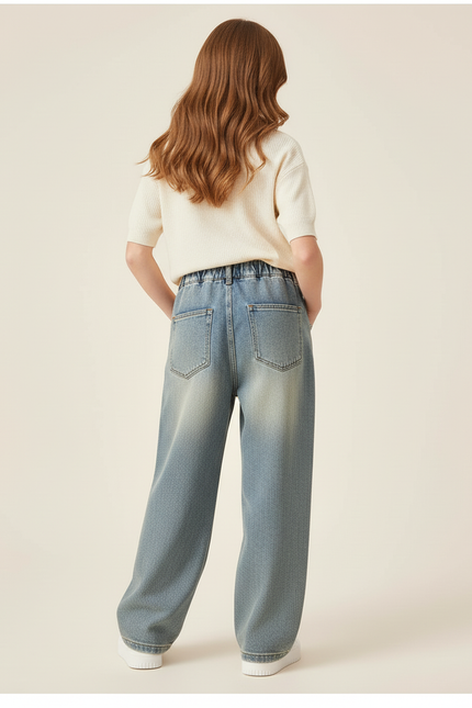 Pantalon Baggy Jean Délavé Ample Brodé Nœuds Enfant - Bleu - vue 2