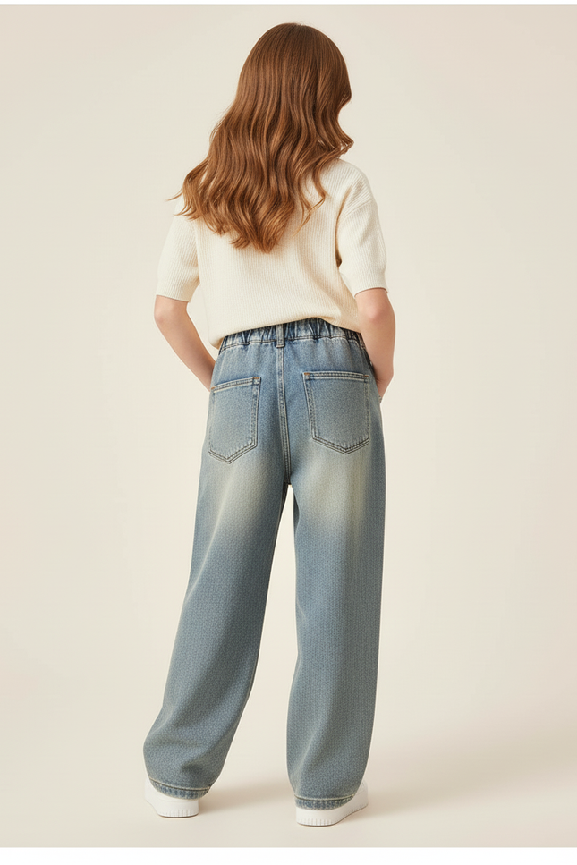 Pantalon Baggy Jean Délavé Ample Brodé Nœuds Enfant - Bleu - vue 2