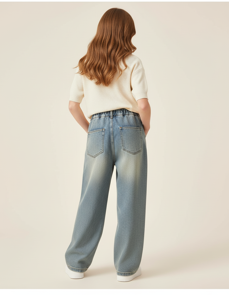 Pantalon Baggy Jean Délavé Ample Brodé Nœuds Enfant - Bleu - vue 2