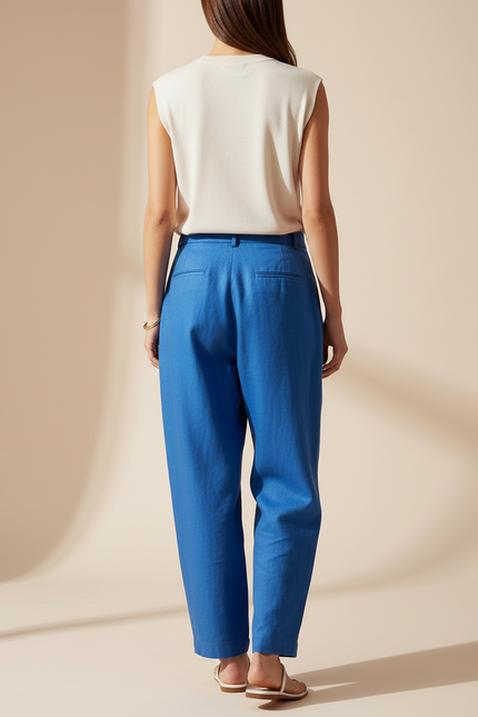 Pantalon Baggy Bleu Lin Ample Plissé Femme Élégant - vue 2