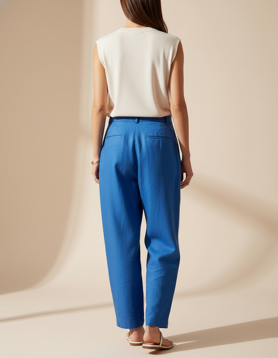 Pantalon Baggy Bleu Lin Ample Plissé Femme Élégant - vue 2