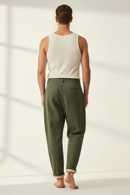 Pantalon Baggy Vert Olive Ample Coton Plissé Décontracté - Kaki - vue 2