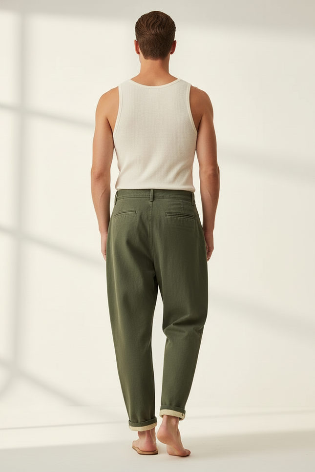 Pantalon Baggy Vert Olive Ample Coton Plissé Décontracté - Kaki - vue 2