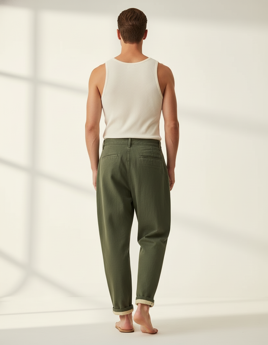 Pantalon Baggy Vert Olive Ample Coton Plissé Décontracté - Kaki - vue 2