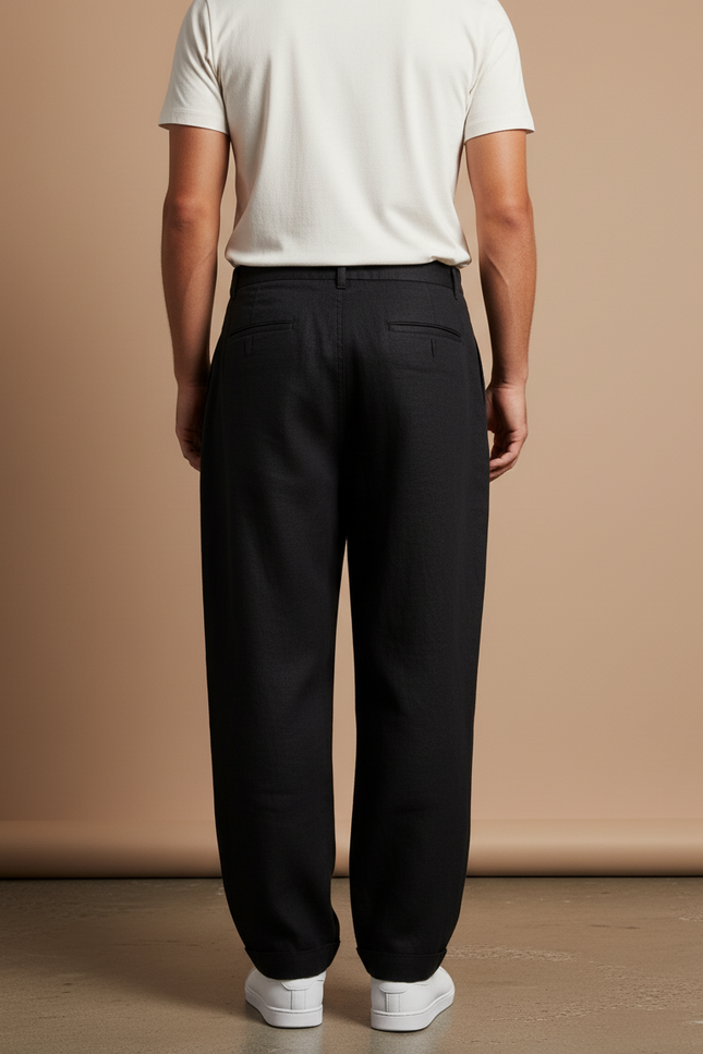 Pantalon Baggy Noir Lin Ample Plissé Homme - vue 2