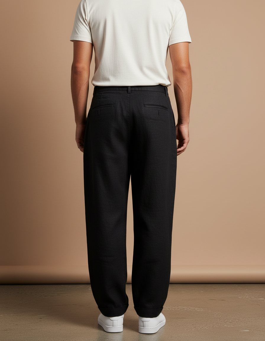 Pantalon Baggy Noir Lin Ample Plissé Homme - vue 2
