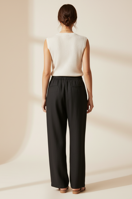 Pantalon Baggy Noir Lin Fluide Ample Décontracté - vue 2
