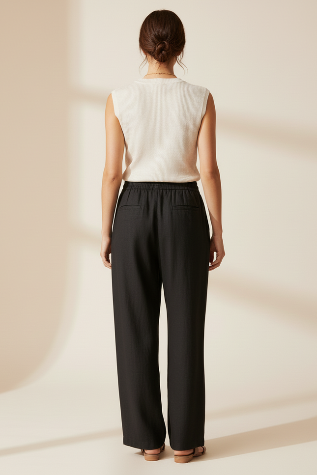 Pantalon Baggy Noir Lin Fluide Ample Décontracté - vue 2