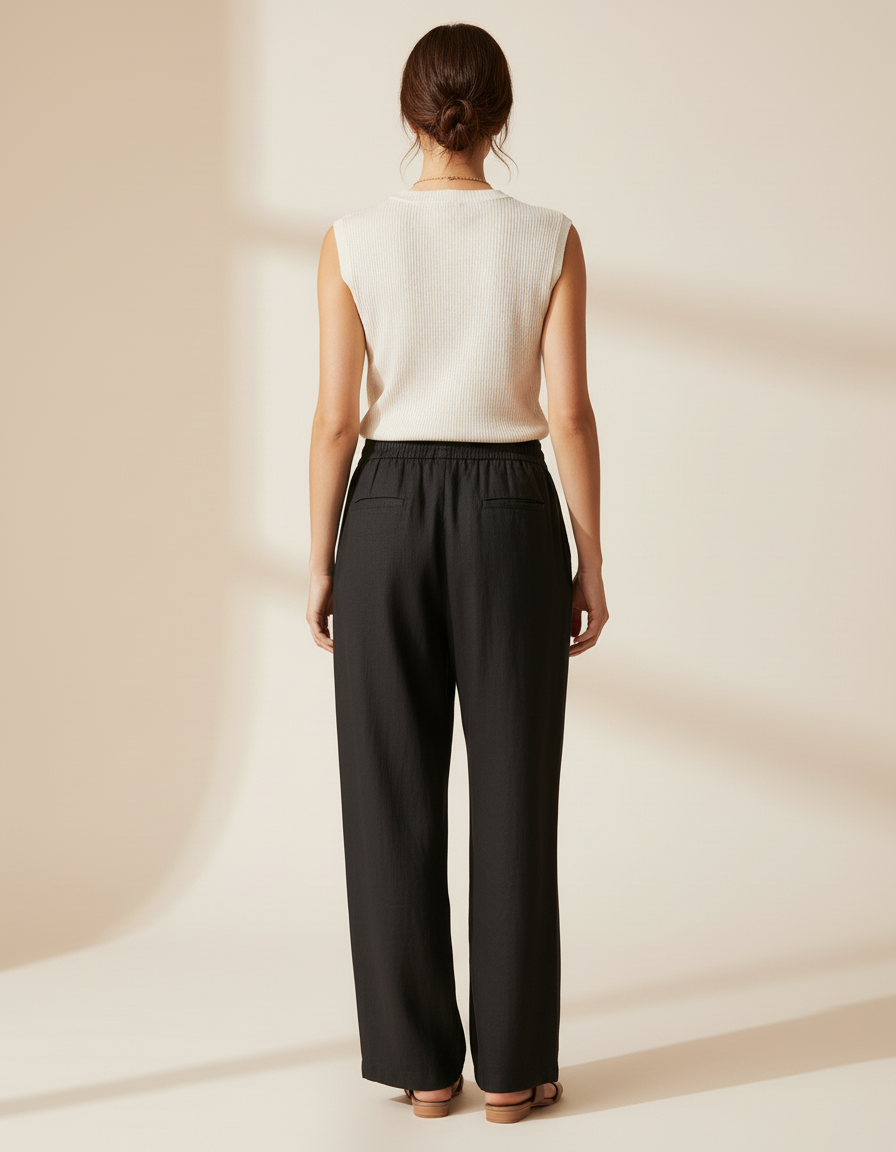 Pantalon Baggy Noir Lin Fluide Ample Décontracté - vue 2