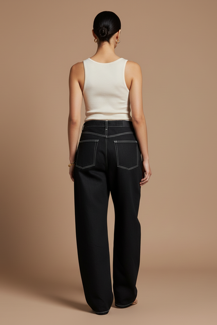 Pantalon Baggy Noir Brodé Ample Streetwear Femme - Jean - vue 2
