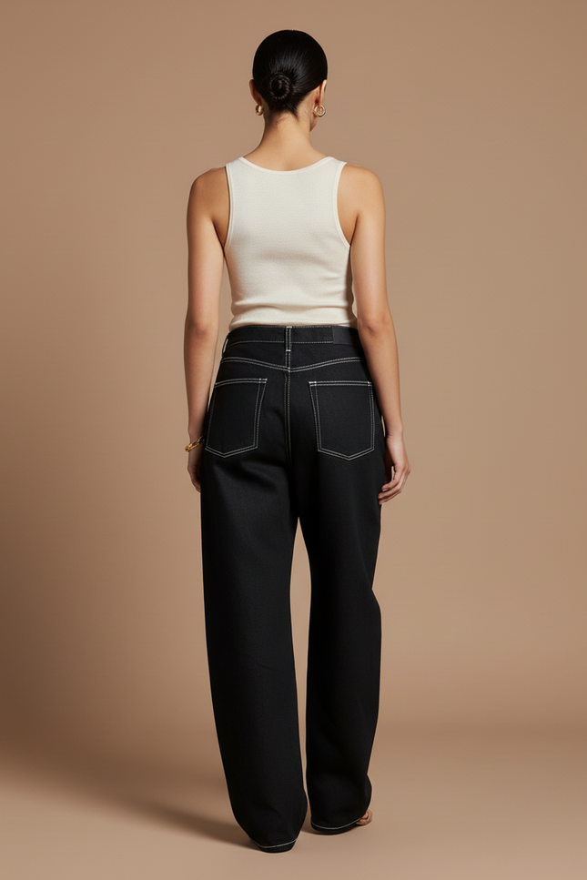 Pantalon Baggy Noir Brodé Ample Streetwear Femme - Jean - vue 2