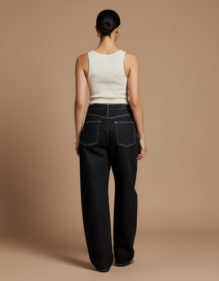 Pantalon Baggy Noir Brodé Ample Streetwear Femme - Jean - vue 2