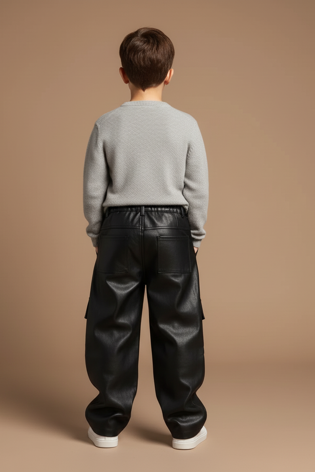 Pantalon Baggy Noir Cuir Ample Cargo Enfant - vue 2