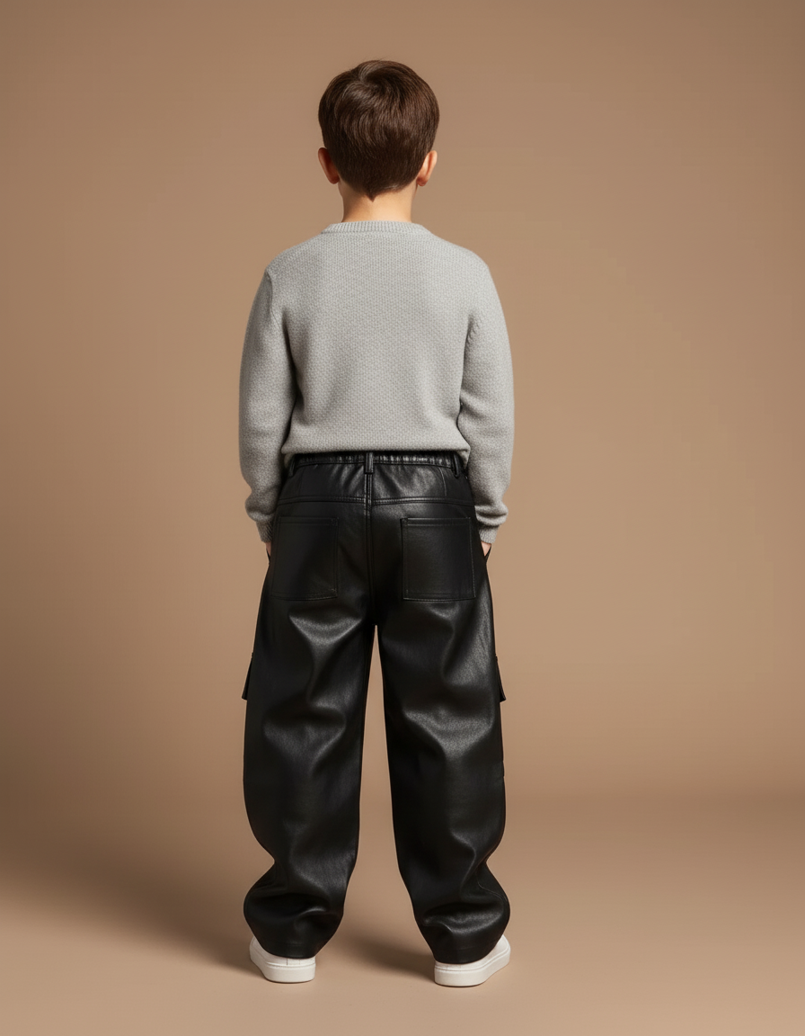 Pantalon Baggy Noir Cuir Ample Cargo Enfant - vue 2