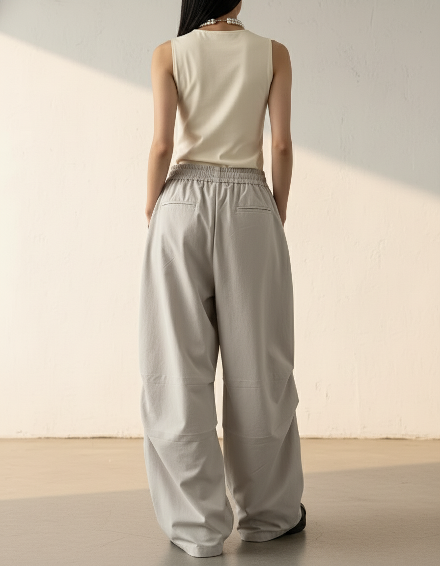 Pantalon Baggy Gris Ample Fluide Taille Haute - Polyester - vue 2