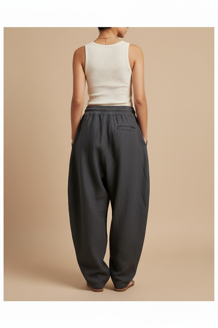 Pantalon Baggy Gris Coton Ample Cordon Décontracté Femme - Molleton - vue 2