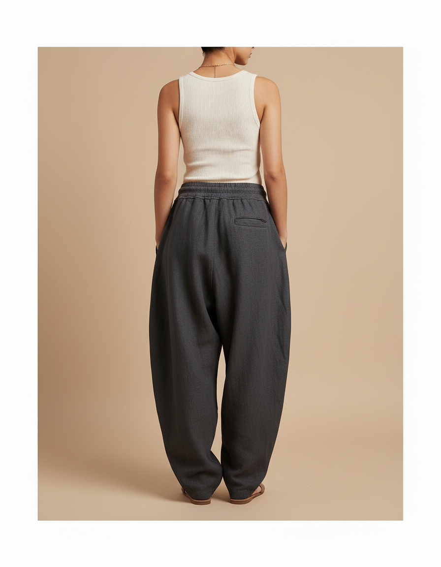 Pantalon Baggy Gris Coton Ample Cordon Décontracté Femme - Molleton - vue 2