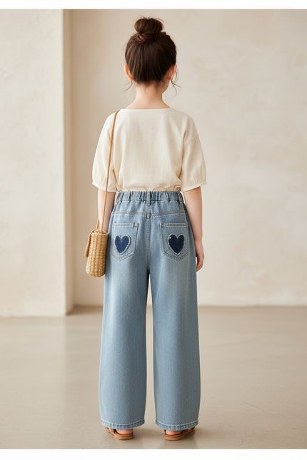 Pantalon Baggy Jean Cœurs Ample Bleu Fille - vue 2