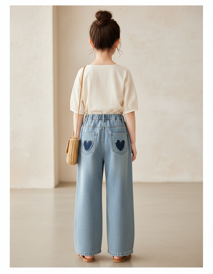 Pantalon Baggy Jean Cœurs Ample Bleu Fille - vue 2