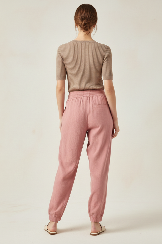 Pantalon Baggy Rose Fluide Taille Élastique Femme - Lin - vue 2