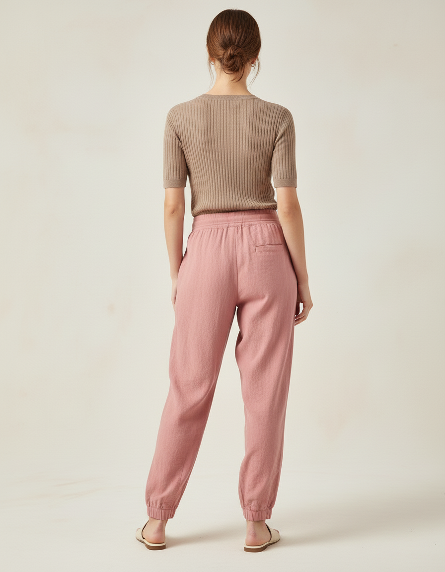 Pantalon Baggy Rose Fluide Taille Élastique Femme - Lin - vue 2