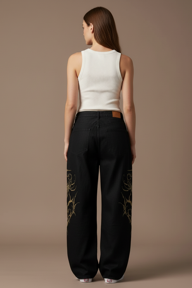Pantalon Baggy Noir Brodé Or Ample Gothique - Jean - vue 2