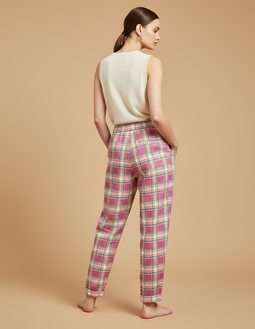 Pantalon Baggy Rose Écossais Ample Décontracté Fluide - Laine - vue 2