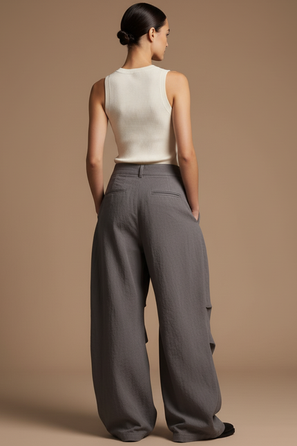Pantalon Baggy Gris Ample Lin Fluide Décontracté - vue 2