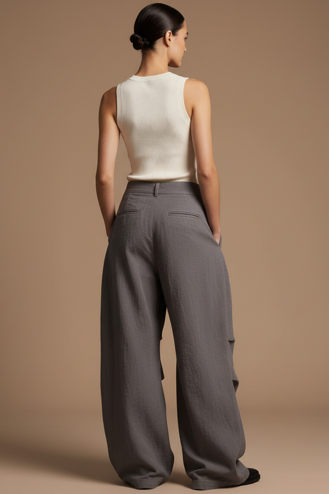 Pantalon Baggy Gris Ample Lin Fluide Décontracté - vue 2