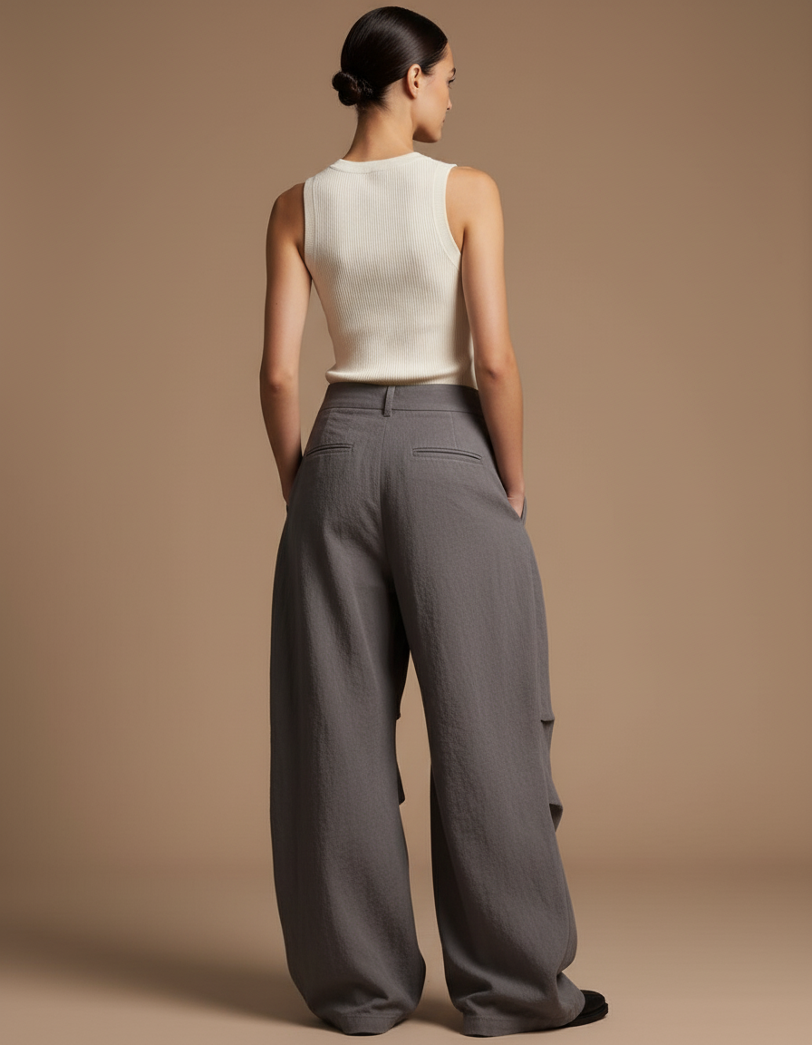 Pantalon Baggy Gris Ample Lin Fluide Décontracté - vue 2