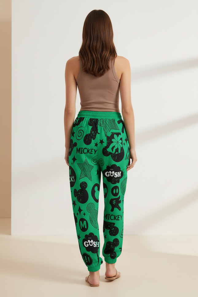 Pantalon Baggy Vert Imprimé Mickey Décontracté Cordon - Molleton - vue 2