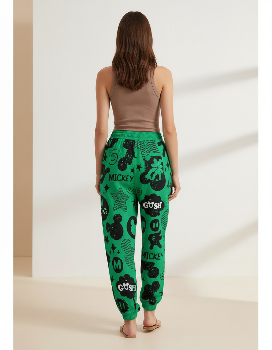 Pantalon Baggy Vert Imprimé Mickey Décontracté Cordon - Molleton - vue 2
