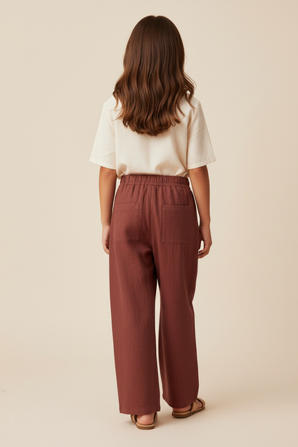 Pantalon Baggy Marron Ample Lin Fille Décontracté - vue 2