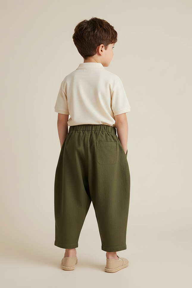 Pantalon Baggy Vert Olive Ample Plissé Décontracté Enfant - Kaki Coton - vue 2