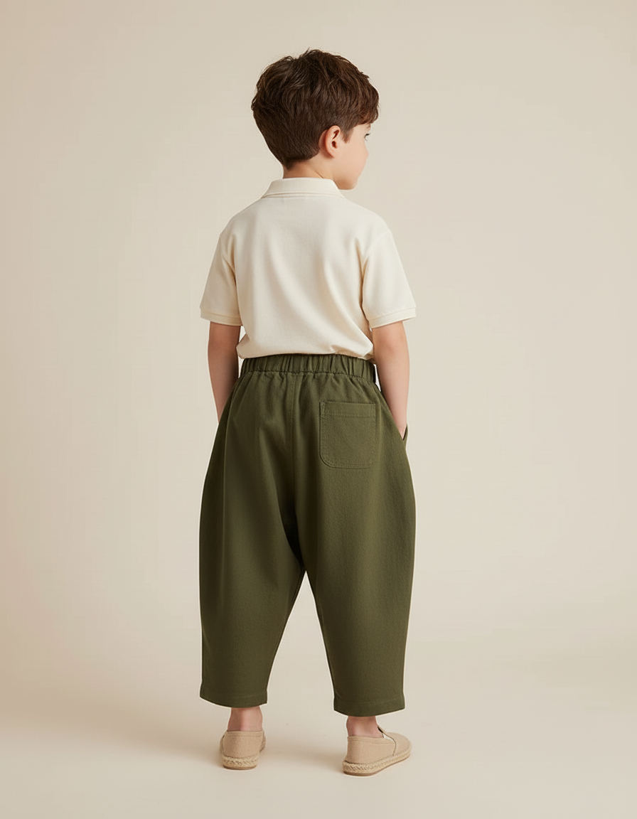 Pantalon Baggy Vert Olive Ample Plissé Décontracté Enfant - Kaki Coton - vue 2