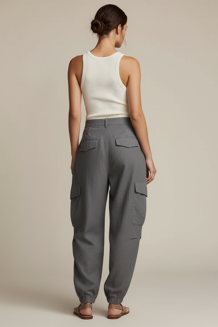 Pantalon Baggy Gris Lin Plissé Cargo Femme - vue 2