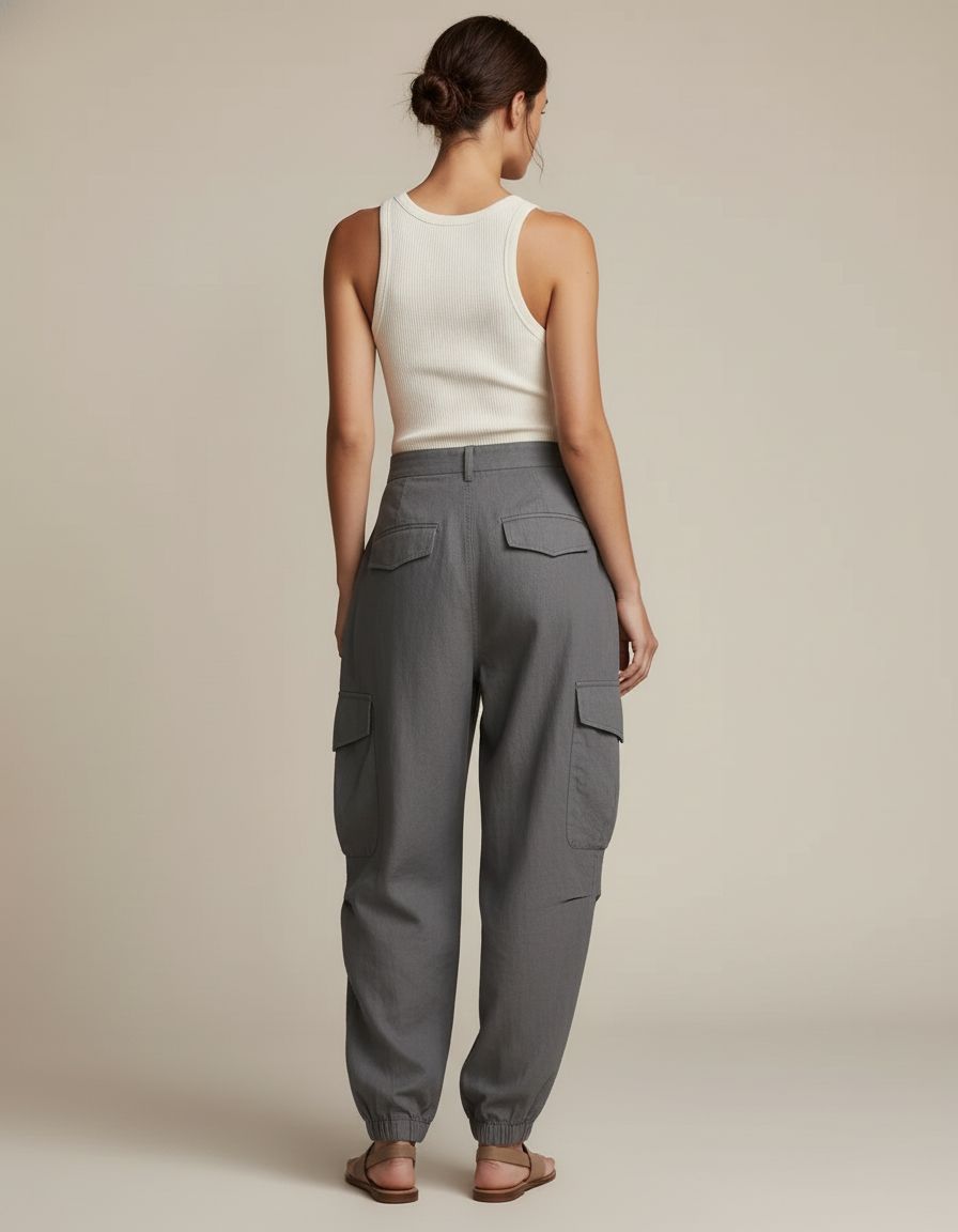Pantalon Baggy Gris Lin Plissé Cargo Femme - vue 2