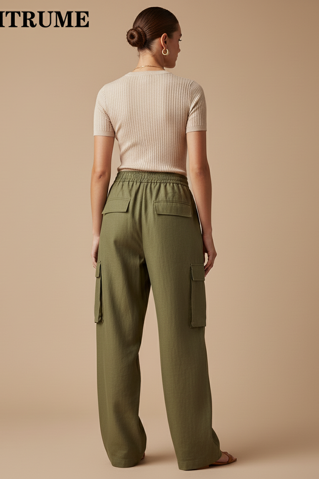 Pantalon Baggy Vert Kaki Ample Cargo Taille Haute - Lin - vue 2