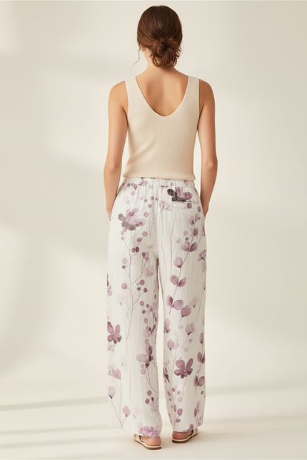 Pantalon Baggy Blanc Fleuri Ample Lin Décontracté - Imprimé - vue 2