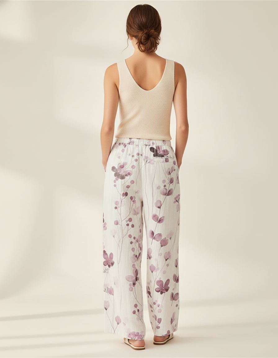 Pantalon Baggy Blanc Fleuri Ample Lin Décontracté - Imprimé - vue 2