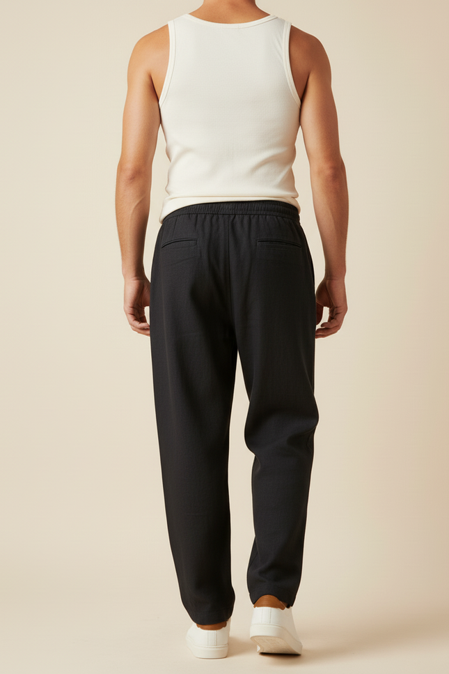 Pantalon Baggy Noir Ample Cordon Décontracté Lin Homme - vue 2