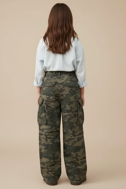 Pantalon Baggy Camouflage Ample Cargo Militaire Fille - Kaki Toile - vue 2